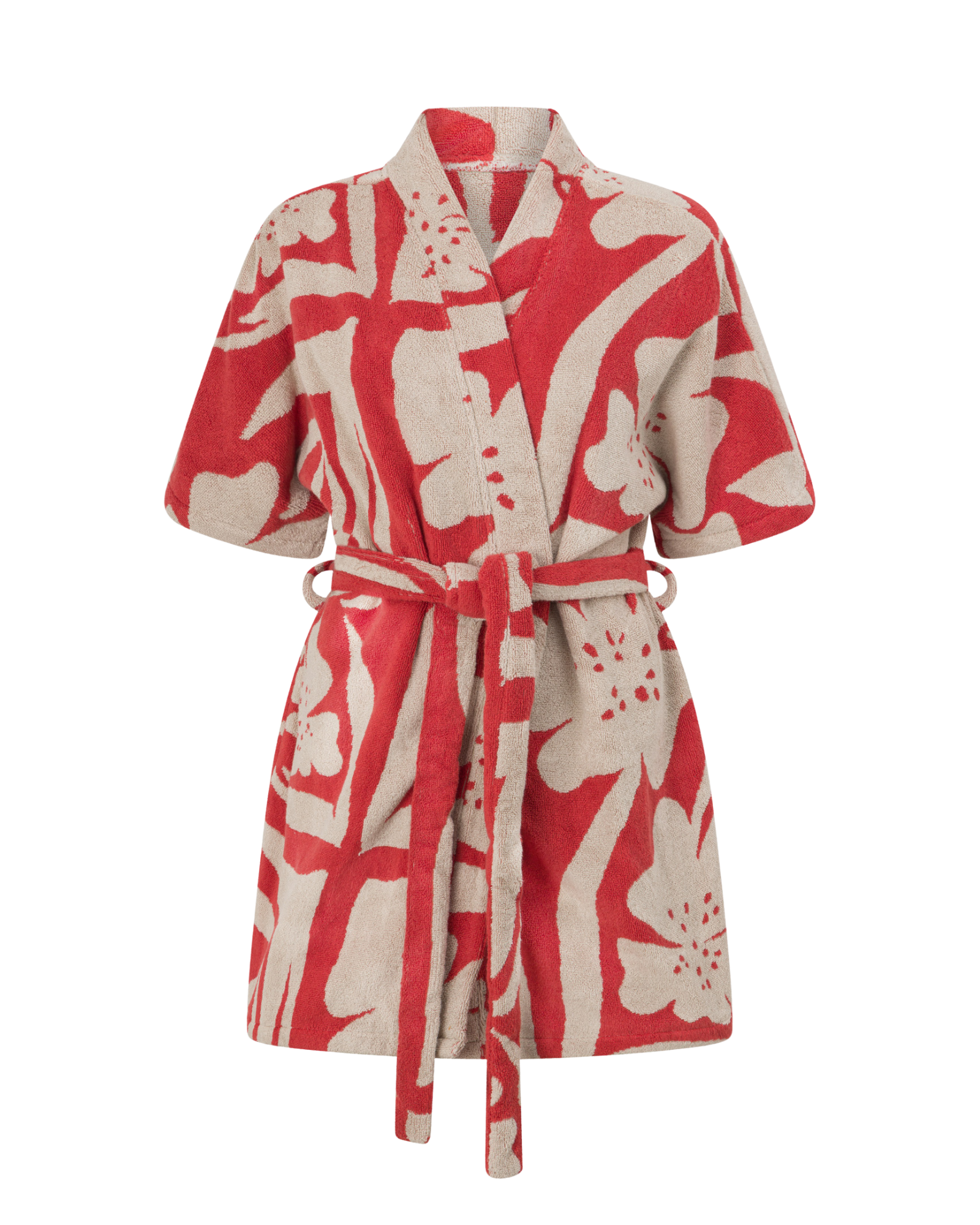Front view of the Solana robe in red floral watermelon print, displayed flat to show the short hem, wide sleeves, self-tie belt, and soft towelling texture—ideal for post-swim comfort.