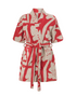 Front view of the Solana robe in red floral watermelon print, displayed flat to show the short hem, wide sleeves, self-tie belt, and soft towelling texture—ideal for post-swim comfort.