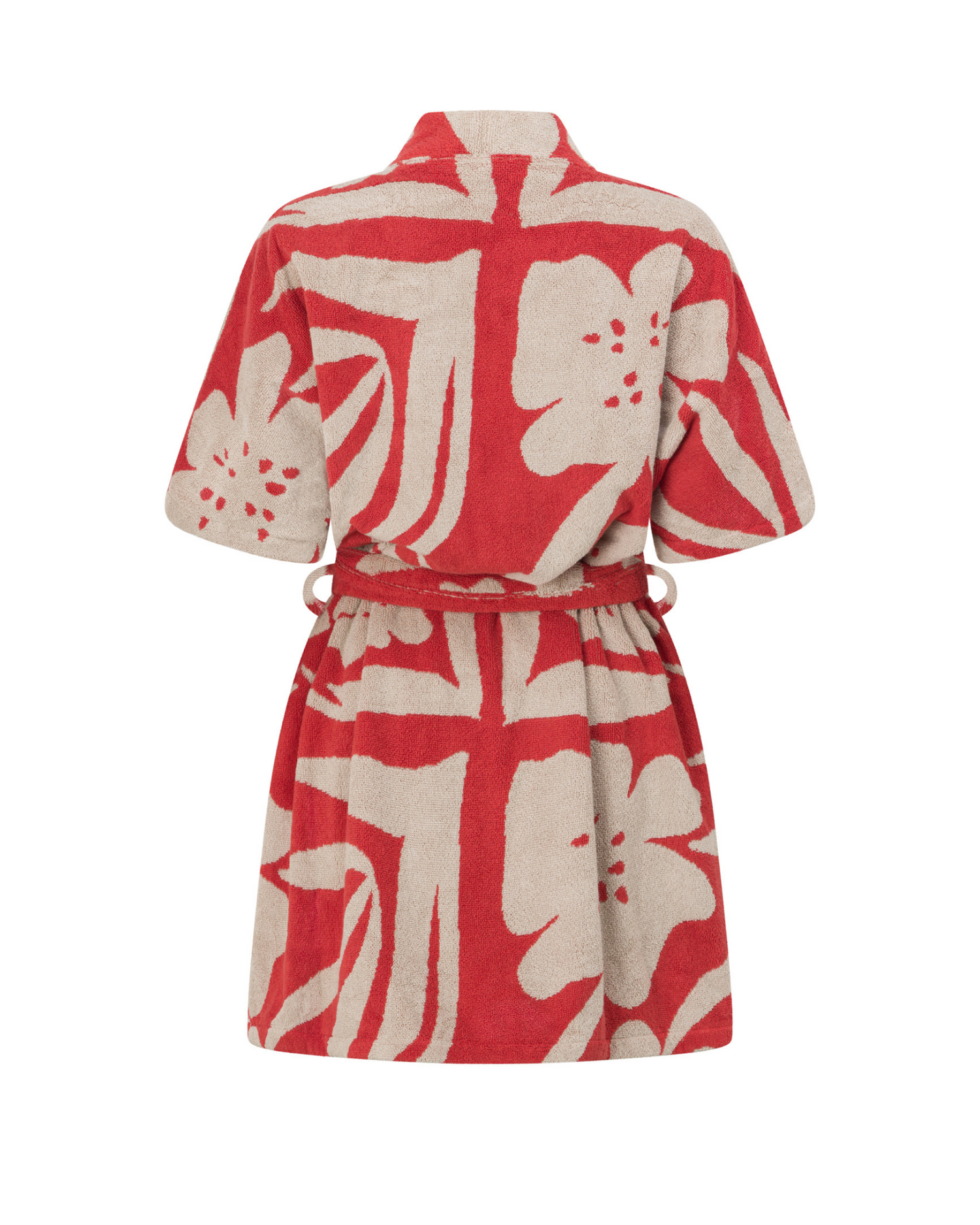 Back view of the Solana towelling robe in red floral print, featuring Ochre Lane’s signature relaxed silhouette, absorbent cotton fabric, and modern resortwear shape.

