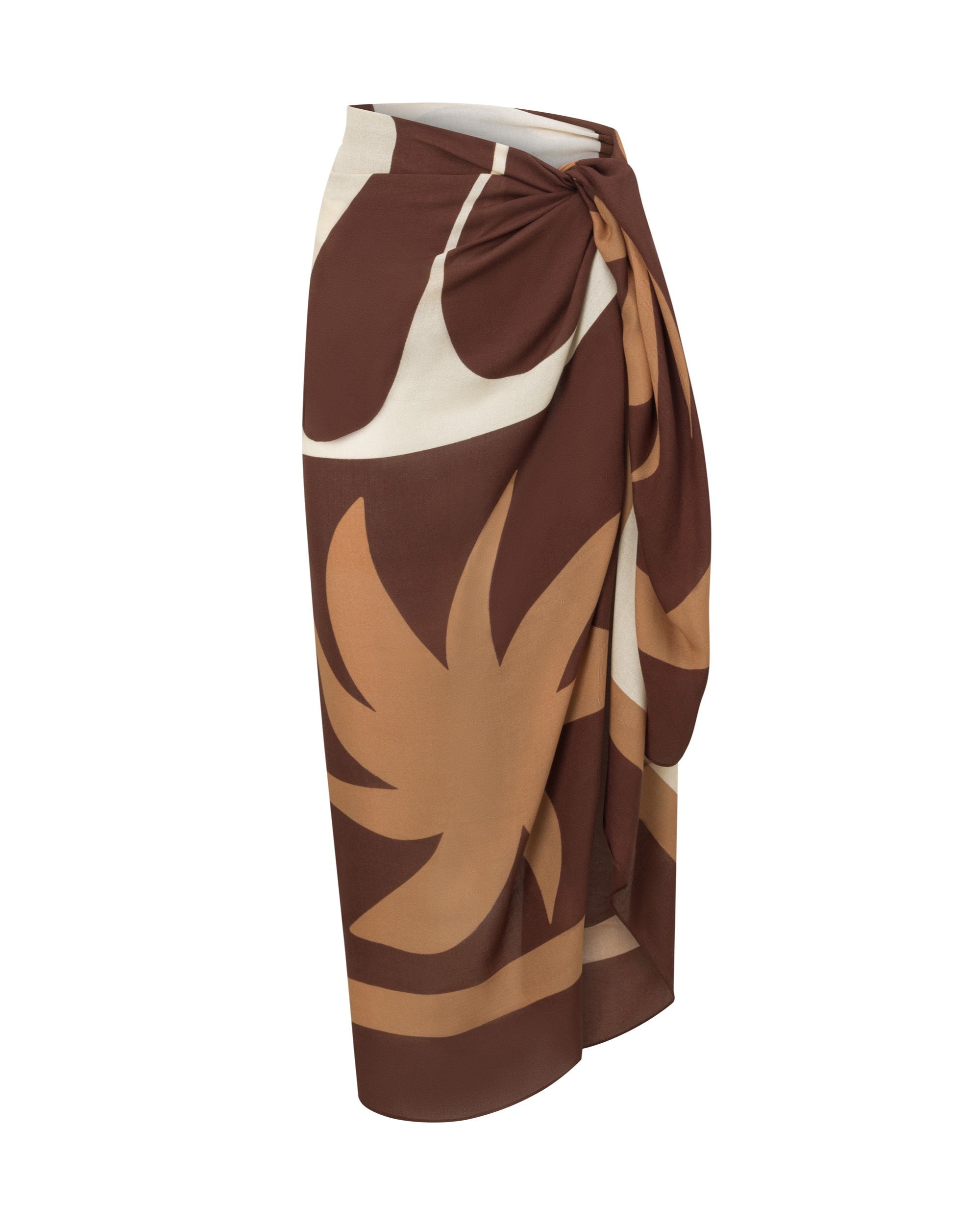 Front view of Sombra sarong in chocolate and cream abstract floral print, styled as a wrap skirt.