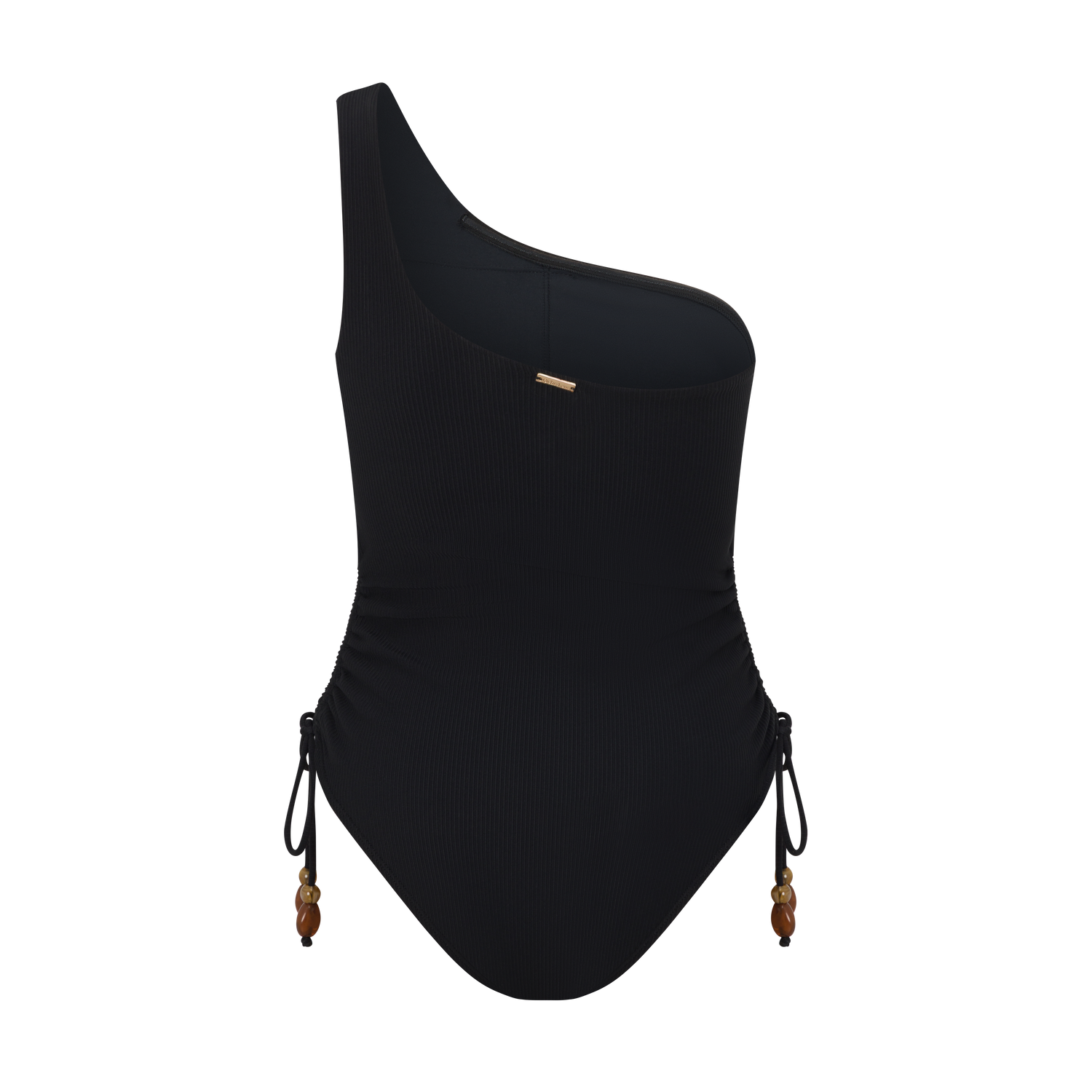 Women’s black rib swimwear – ruched one shoulder one piece with beads