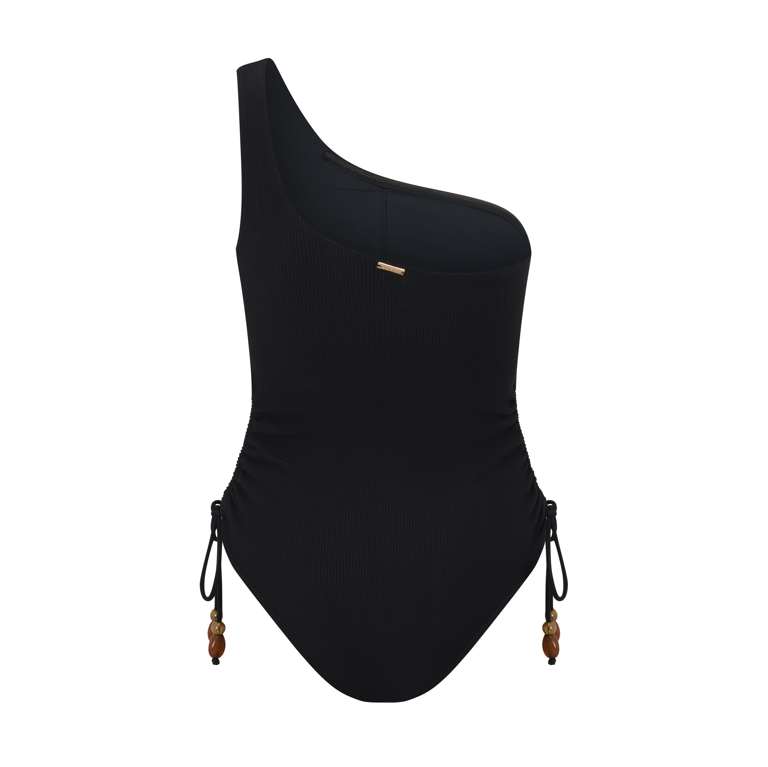 Women’s black rib swimwear – ruched one shoulder one piece with beads