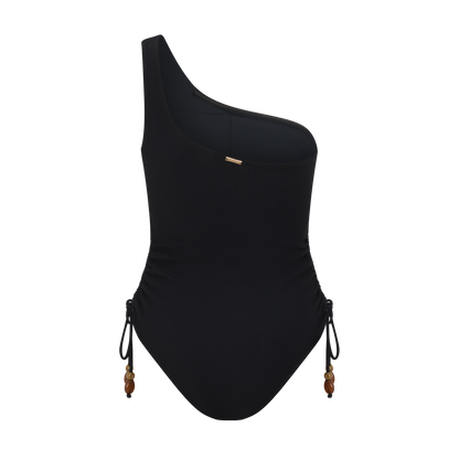 Women’s black rib swimwear – ruched one shoulder one piece with beads