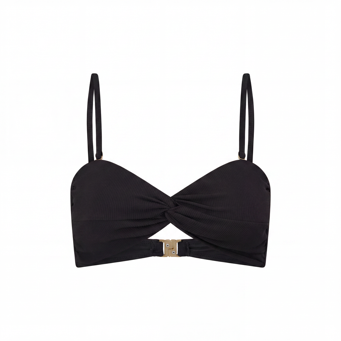 Ochre Lane Bandeau Twist bikini top in black rib, strapless style with side boning and removable straps