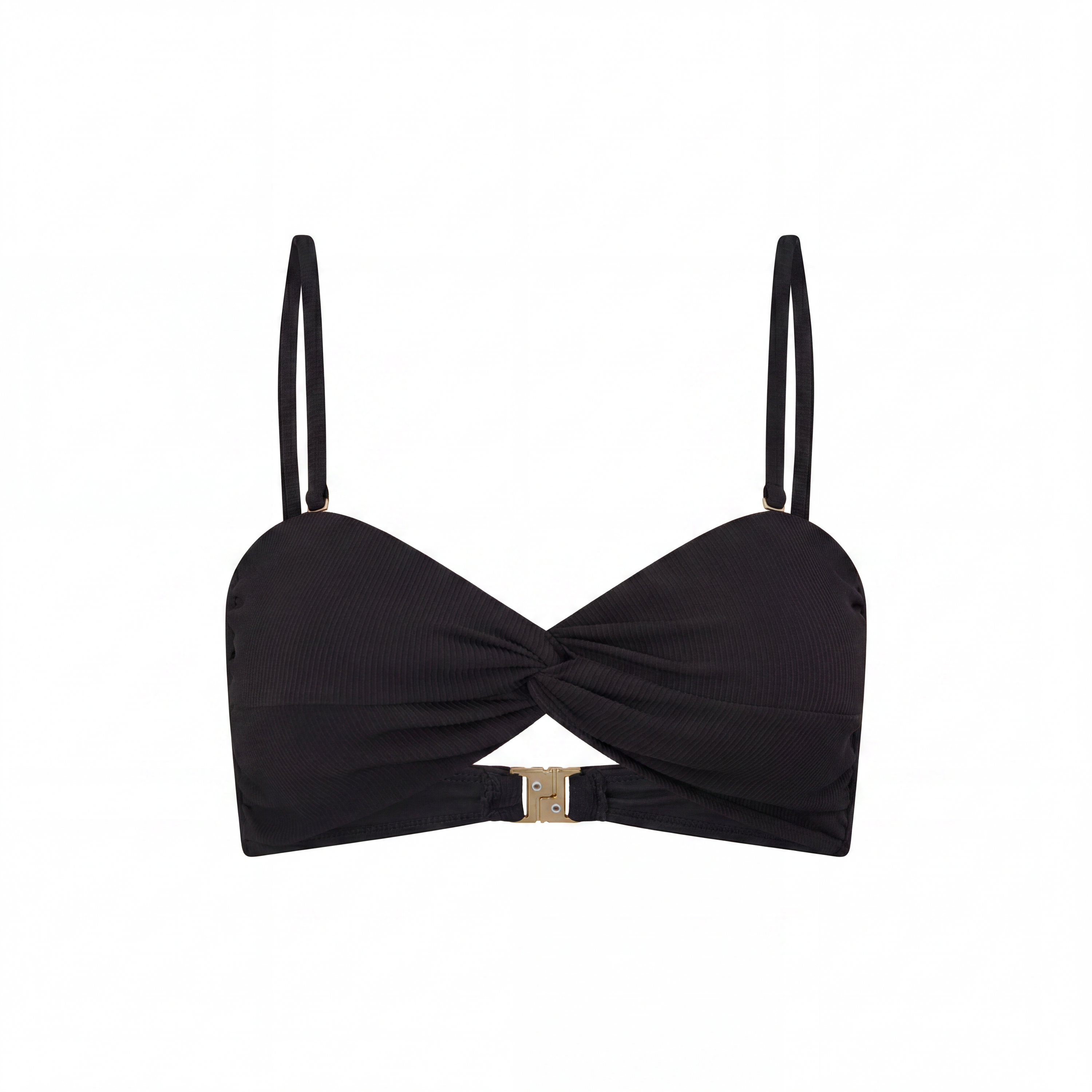 Ochre Lane Bandeau Twist bikini top in black rib, strapless style with side boning and removable straps
