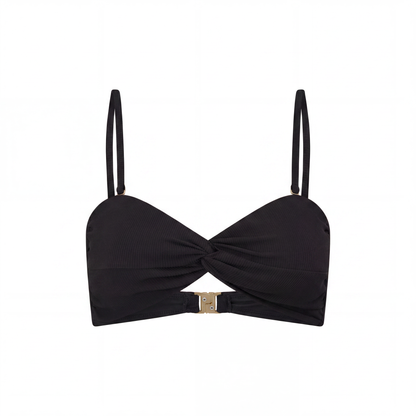 Ochre Lane Bandeau Twist bikini top in black rib, strapless style with side boning and removable straps