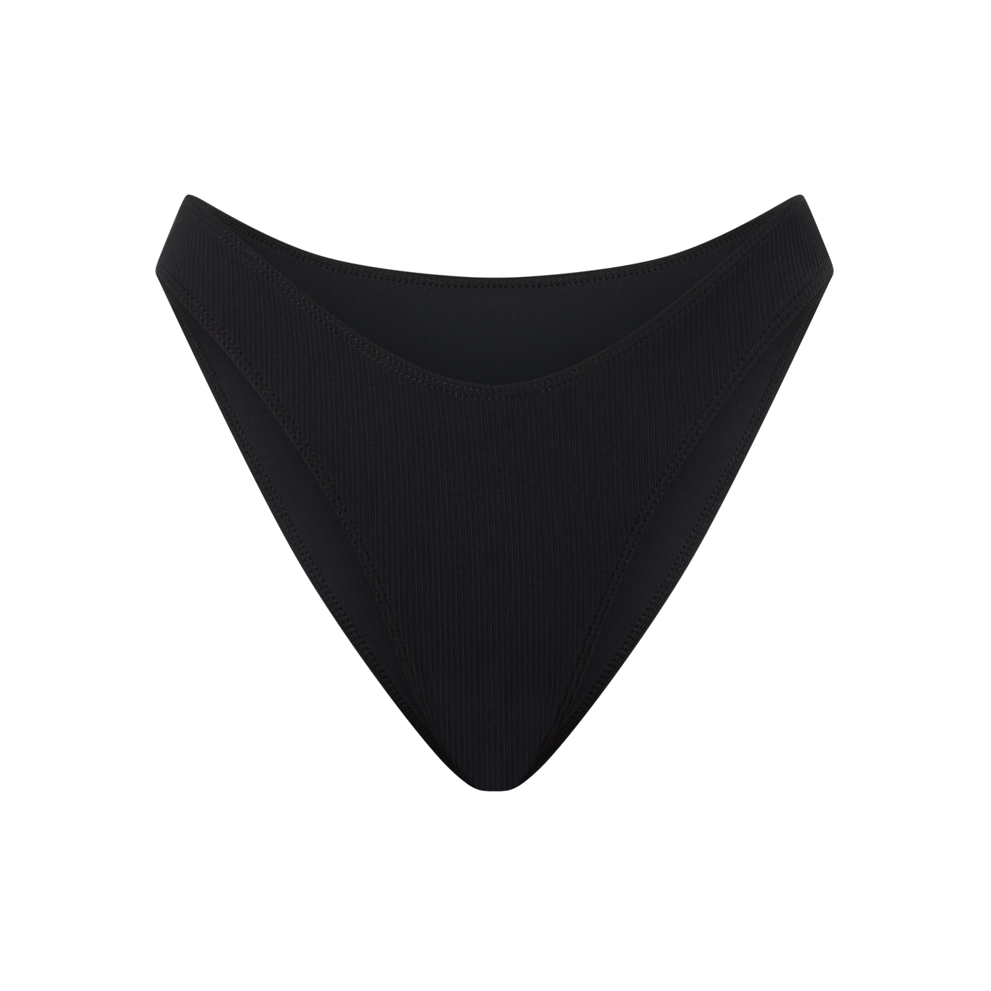 Flat lay of a black ribbed high-cut bikini bottom with a cheeky silhouette and scalloped waistband, product shot