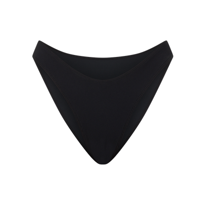 Flat lay of a black ribbed high-cut bikini bottom with a cheeky silhouette and scalloped waistband, product shot