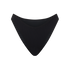 Flat lay of a black ribbed high-cut bikini bottom with a cheeky silhouette and scalloped waistband, product shot
