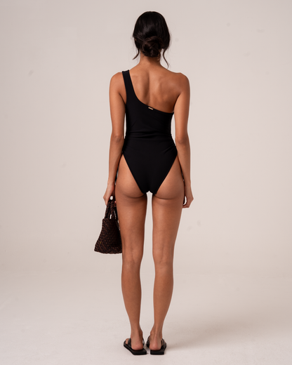 One Shoulder Ruched One Piece in black rib with ruched side detail and supportive sculpting rib fabric