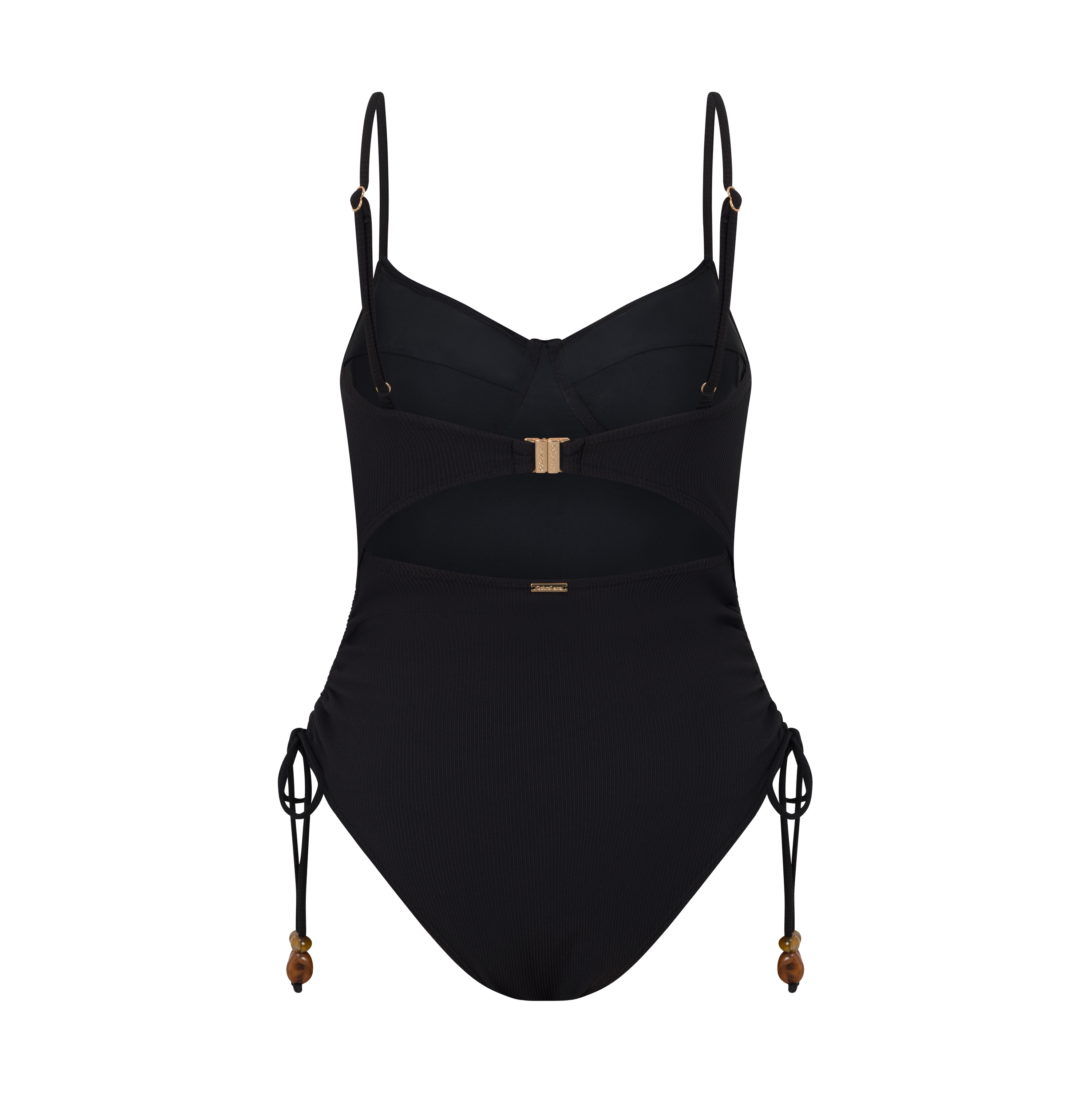 Black rib underwire swimsuit with thin straps – beachside look