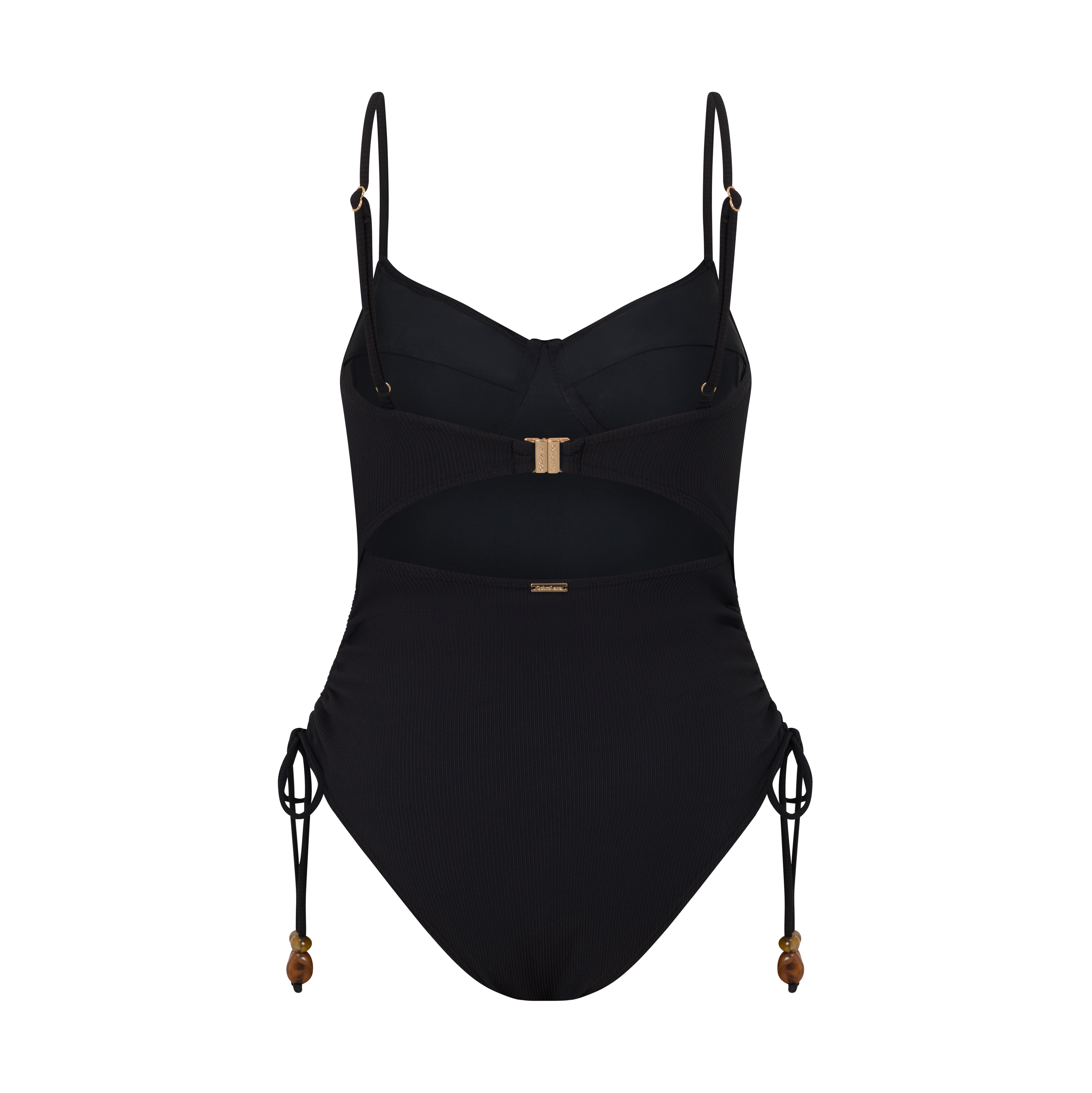 Black rib underwire swimsuit with thin straps – beachside look