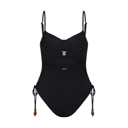 Black rib underwire swimsuit with thin straps – beachside look