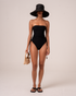 Strapless Side Tie One Piece in black rib, luxury Australian swimwear with adjustable beaded side ties