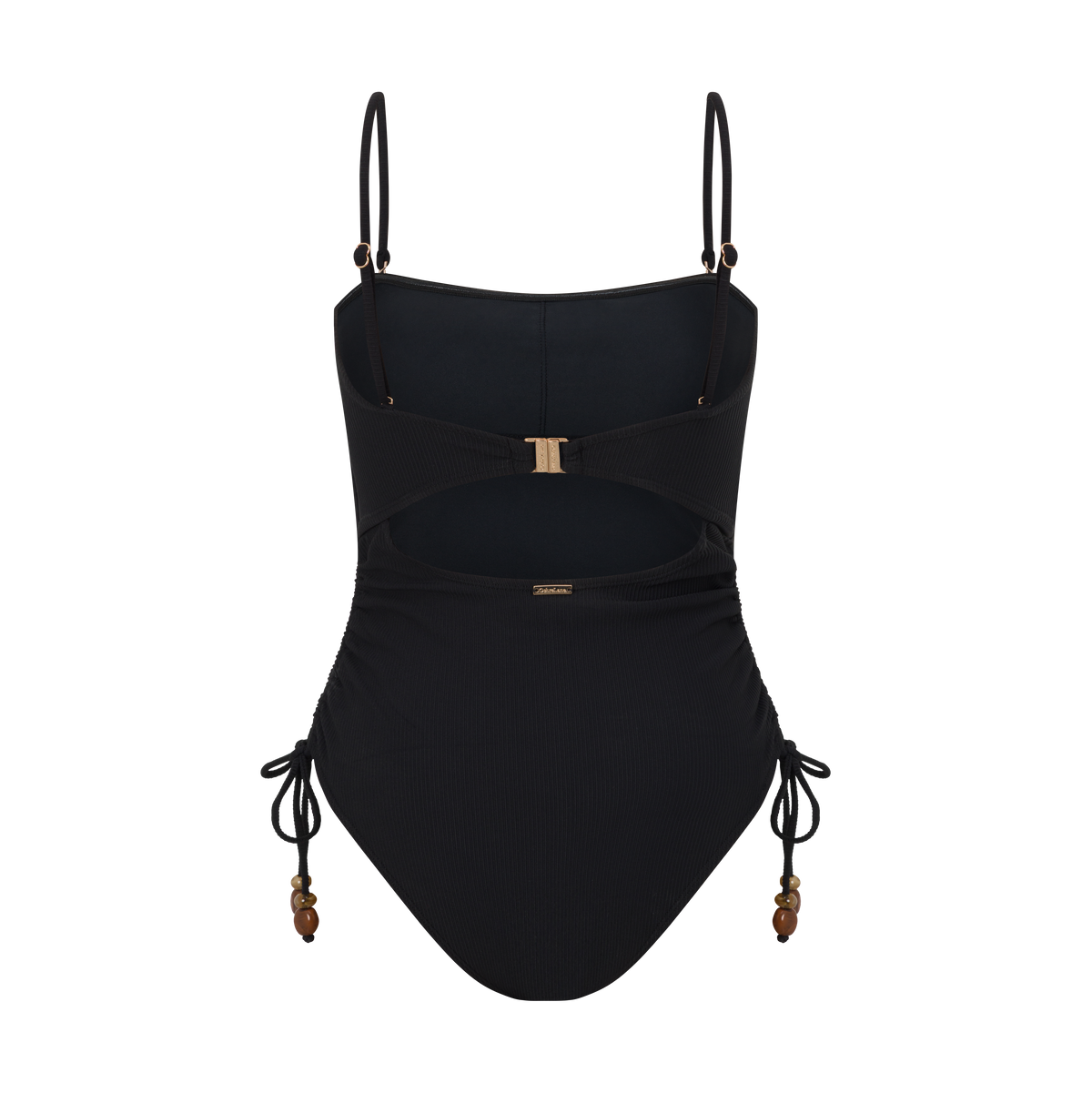 Ruched strapless swim one piece in Black Rib – modern beachwear