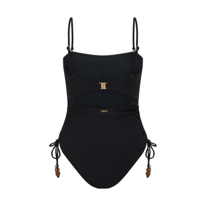 Ruched strapless swim one piece in Black Rib – modern beachwear
