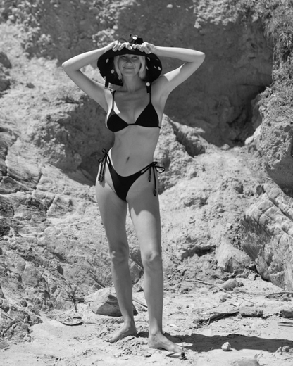 Ochre Lane String Triangle bikini top in black rib, classic minimal-coverage swim style in sculpting rib fabric
