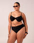 Ochre Lane Tie Back Balconette bikini top in black rib, front view, designed for fuller busts and DD+ cups