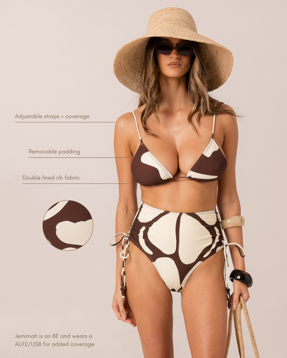 Infographic of a brown and cream floral bikini triangle top with removable padding and adjustable straps, styled with a matching high-waist tie-side bottom and a straw sun hat