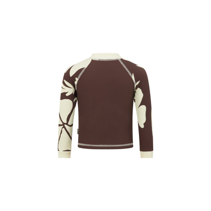 Brown and cream hibiscus floral print long sleeve rash shirt, flat lay back view