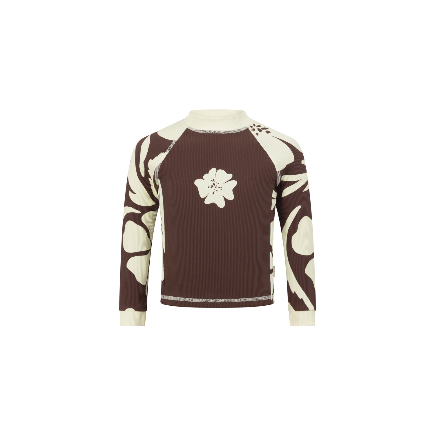 Brown and cream hibiscus floral print long sleeve rash shirt, flat lay front view