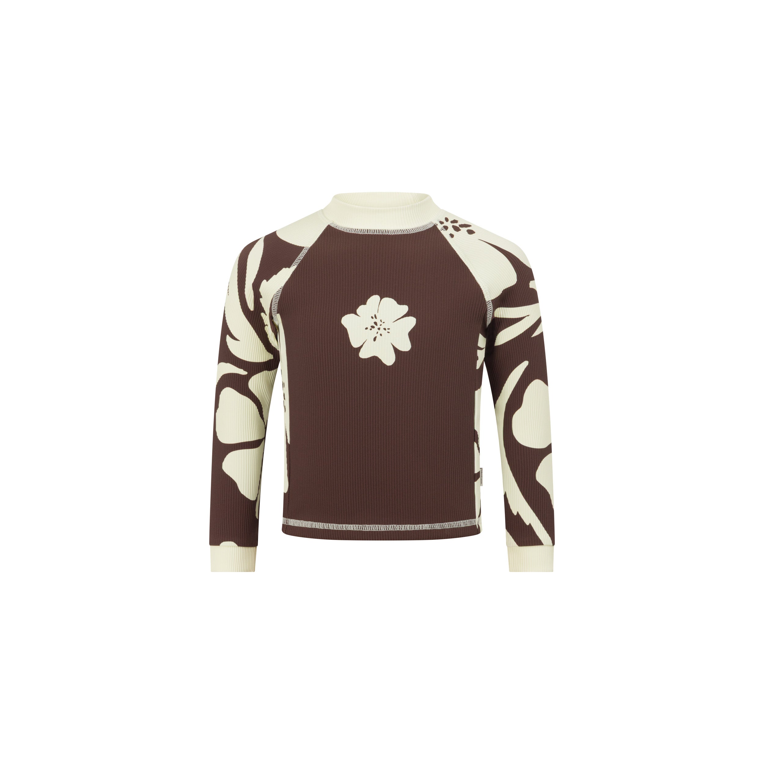 Brown and cream hibiscus floral print long sleeve rash shirt, flat lay front view