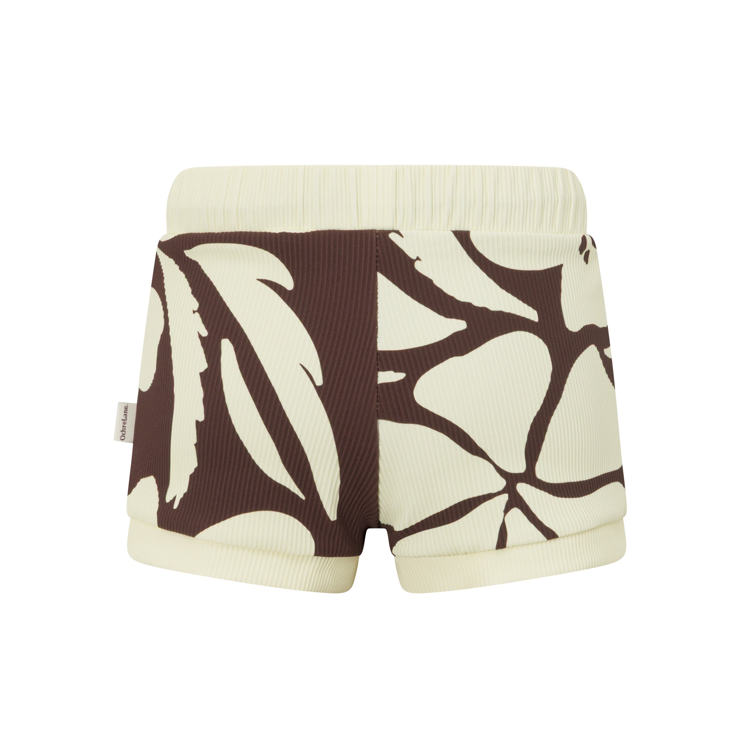 Brown and cream hibiscus print kids swim shorts, back view product shot on white background