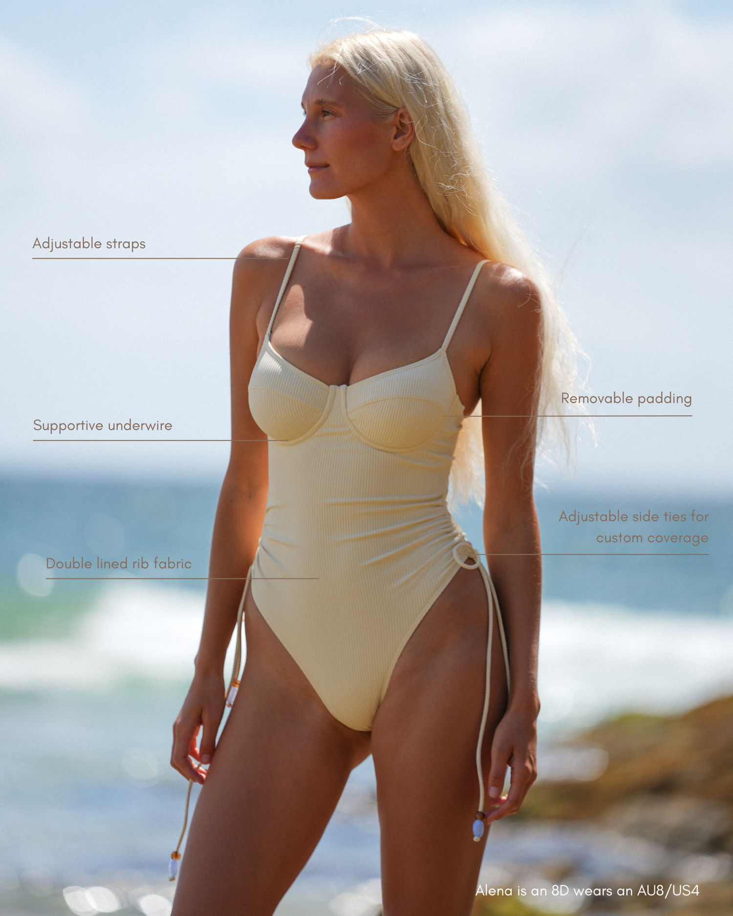 Infographic of a butter yellow ribbed underwire one-piece swimsuit on the beach, highlighting adjustable straps, removable padding, supportive underwire and adjustable side ties