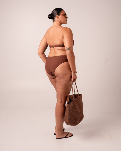 Ochre Lane Bandeau Twist bikini top in chocolate brown rib, luxury Australian swimwear with a size-inclusive fit 8-22