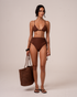 Ochre Lane High Waist Tie Side bikini bottom in chocolate brown rib with adjustable tie sides, luxury Australian swimwear