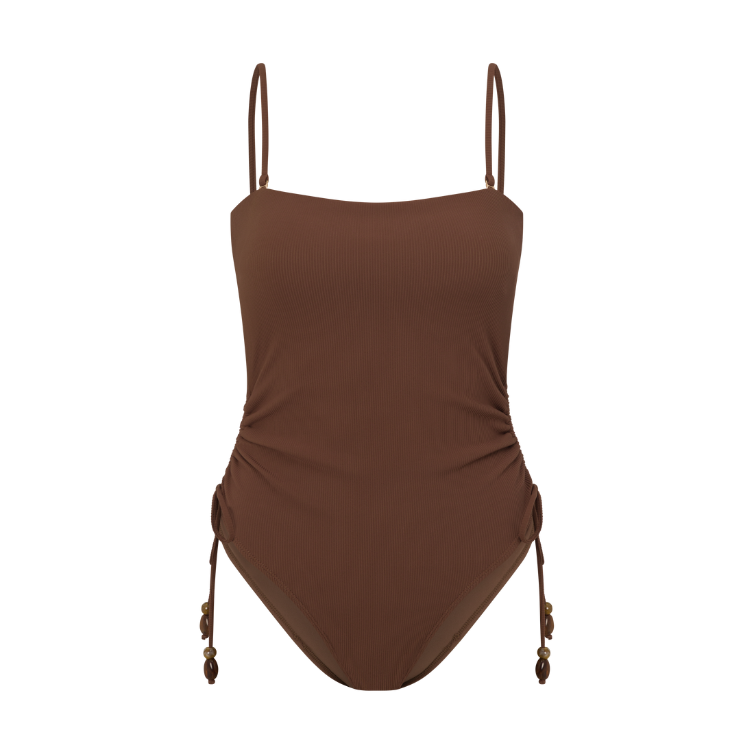Ochre Lane Ruched Side Tie One Piece in chocolate brown rib, front view with beaded side ties and sculpting rib fabric