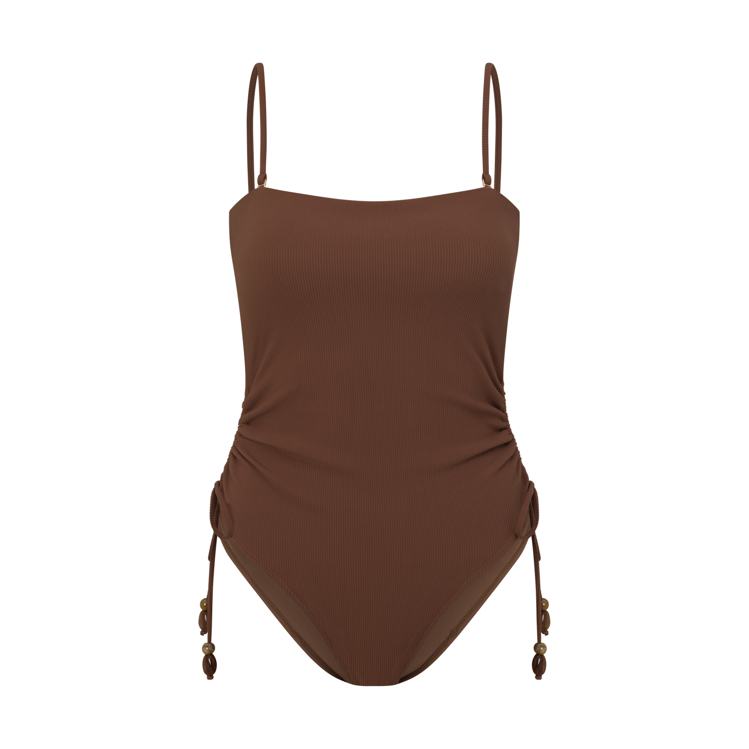 Ochre Lane Ruched Side Tie One Piece in chocolate brown rib, front view with beaded side ties and sculpting rib fabric