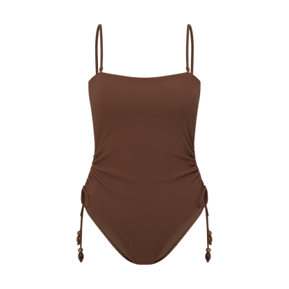 Ochre Lane Ruched Side Tie One Piece in chocolate brown rib, front view with beaded side ties and sculpting rib fabric