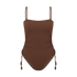 Ochre Lane Ruched Side Tie One Piece in chocolate brown rib, front view with beaded side ties and sculpting rib fabric
