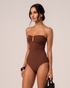 Sculpted Bandeau One Piece in chocolate brown rib with removable straps and size-inclusive fit 8-22