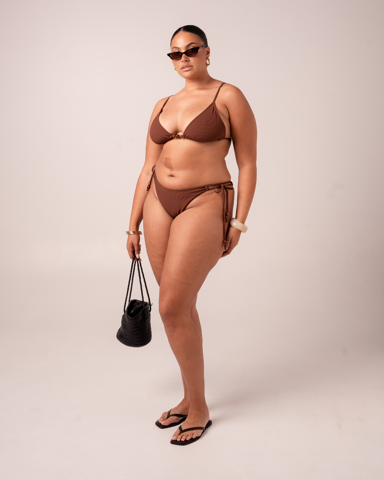 Ochre Lane String Bottom bikini bottom in chocolate brown rib, luxury Australian swimwear with minimal cheeky coverage