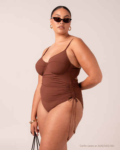 Thin Strap Underwire One Piece in chocolate brown rib, luxury Australian swimwear with supportive underwire bust.

DD+ Bust Cut Swimwear