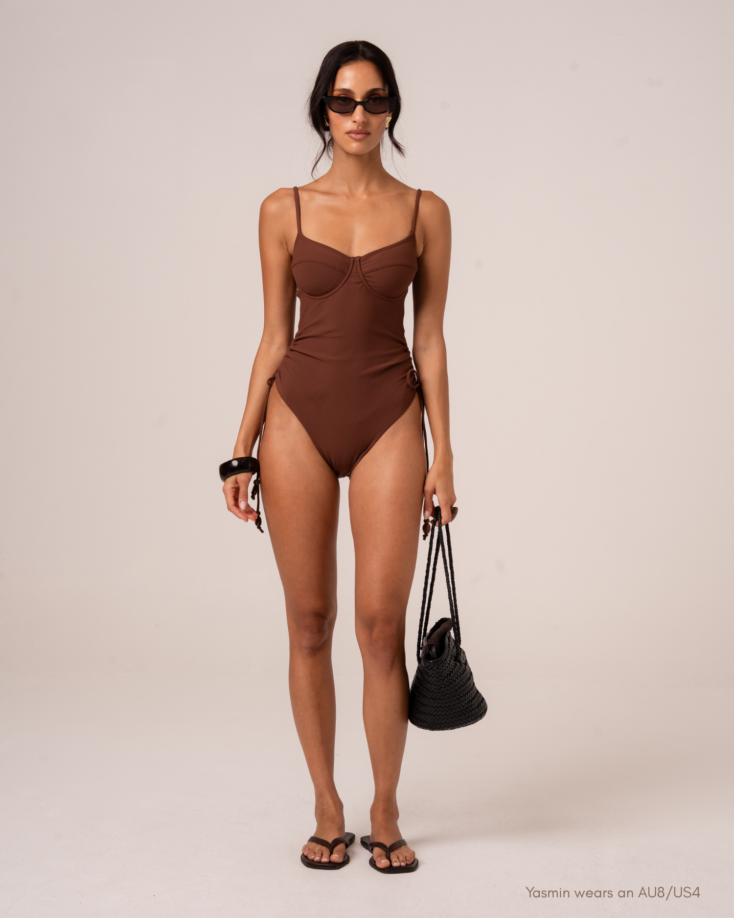 Thin Strap Underwire One Piece in chocolate brown rib with sculpting rib fabric and flattering high-leg cut