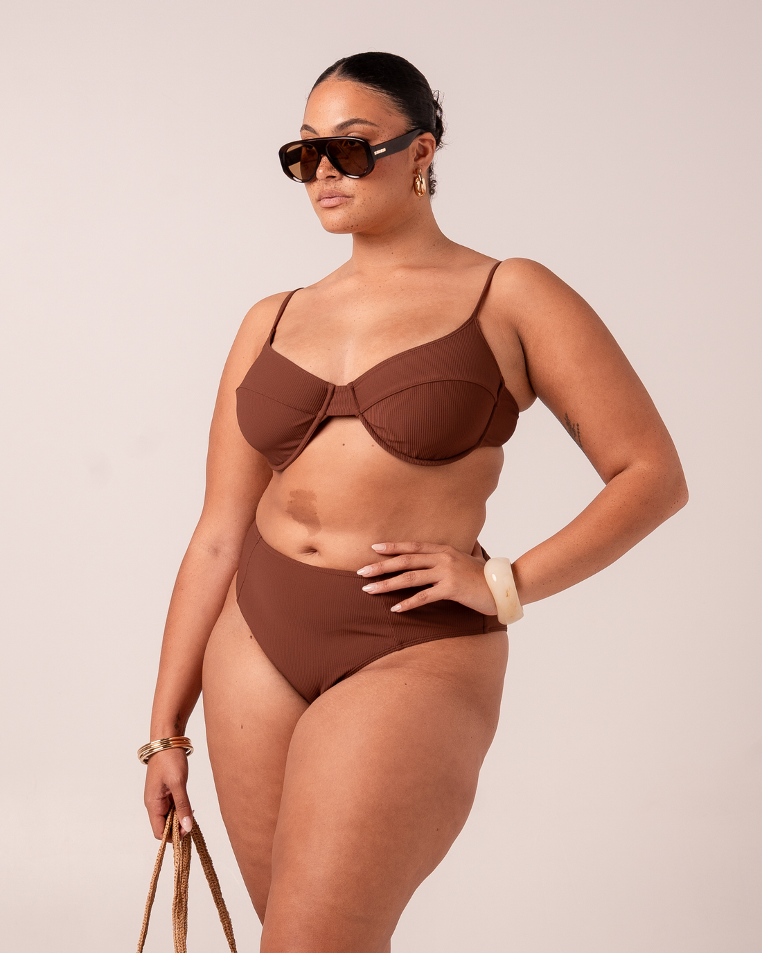 Ochre Lane Tie Back Balconette bikini top in chocolate brown rib, a DD+ cup bikini top with added coverage