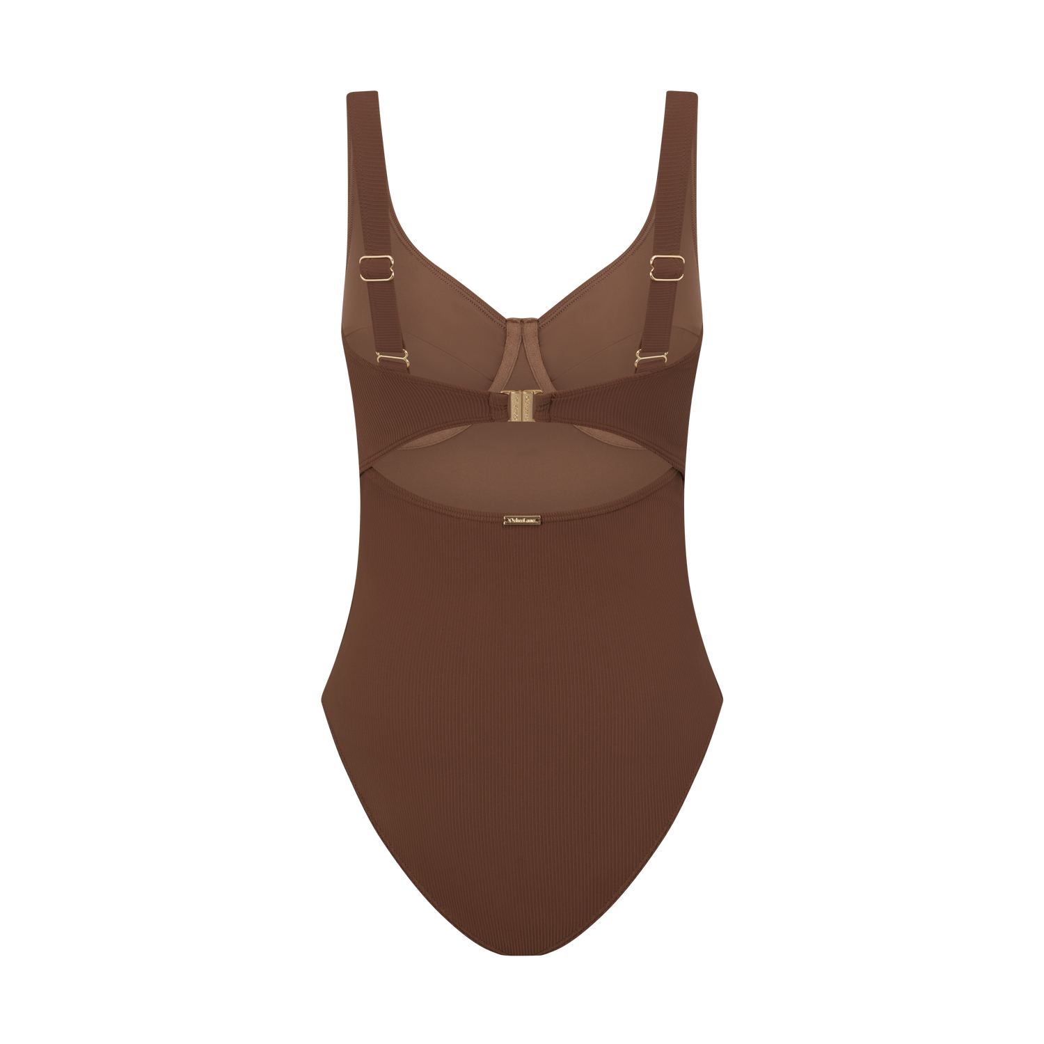 Ochre Lane Original Underwire One Piece in chocolate brown rib, back view with adjustable straps and sculpting rib fabric