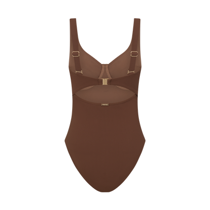 Ochre Lane Original Underwire One Piece in chocolate brown rib, back view with adjustable straps and sculpting rib fabric