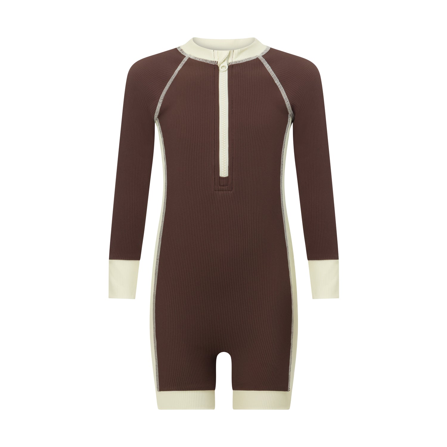 Front view of a chocolate brown kids long sleeve surf suit with a cream zip neck, contrast cuffs and ribbed UPF fabric