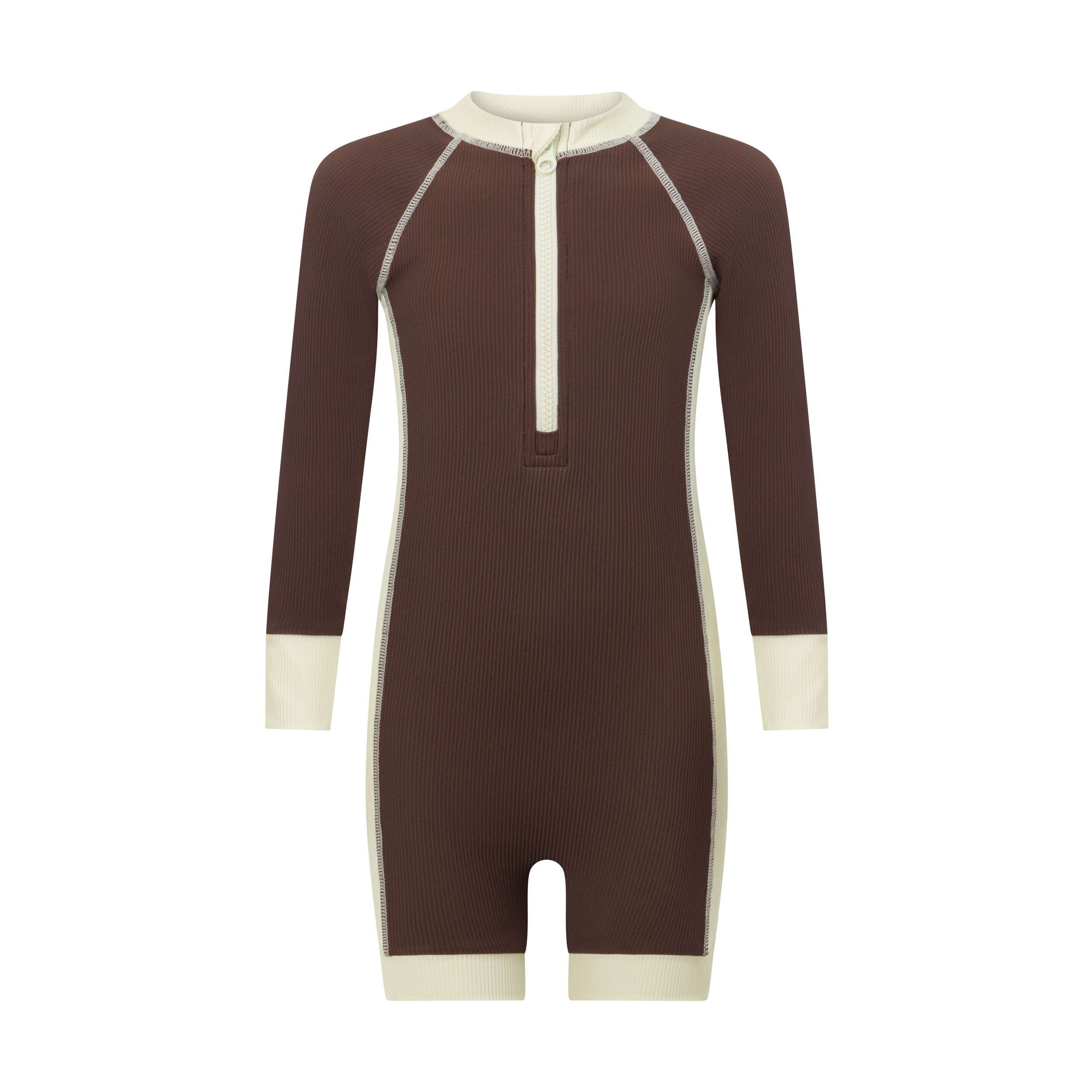 Front view of a chocolate brown kids long sleeve surf suit with a cream zip neck, contrast cuffs and ribbed UPF fabric