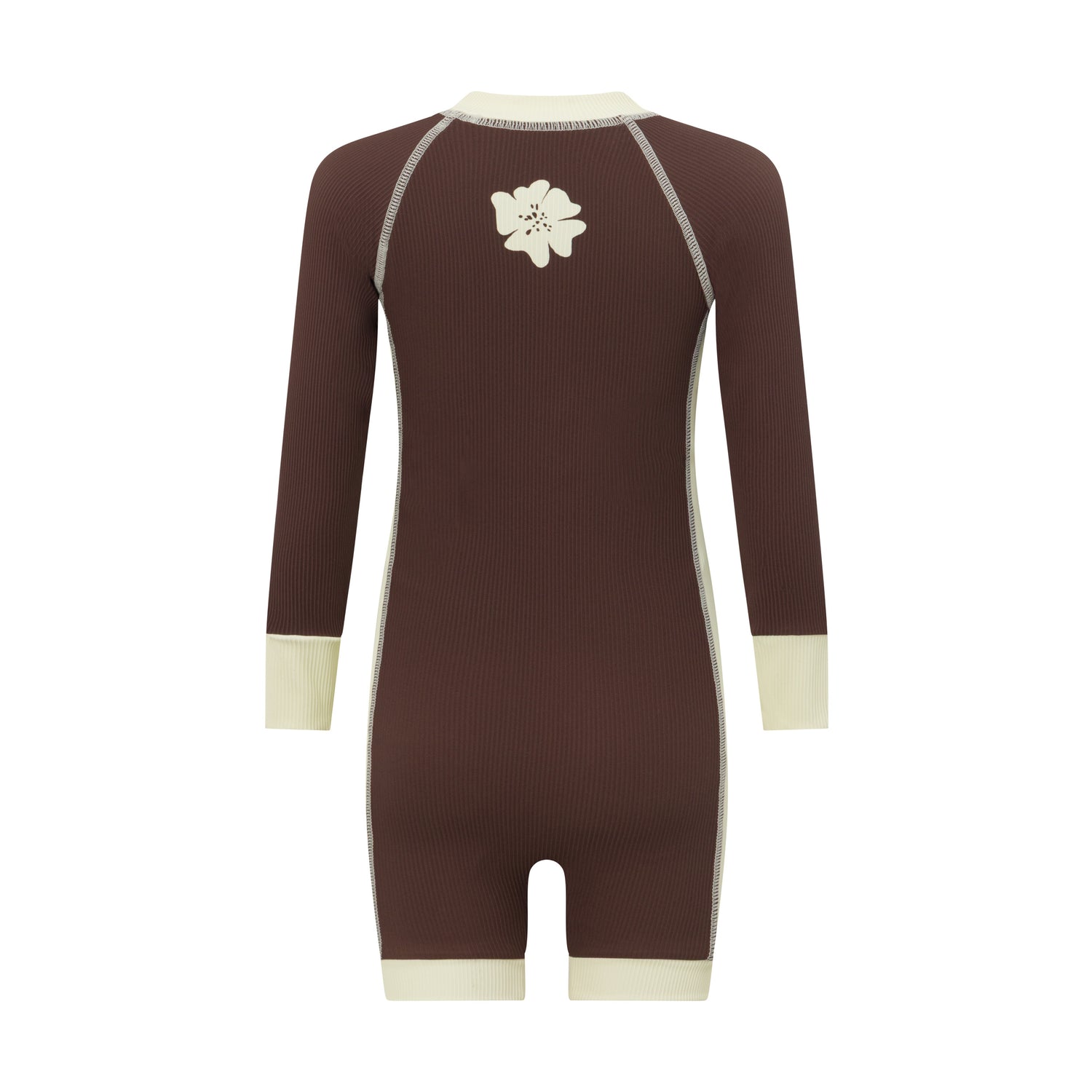 Back view of a chocolate brown kids surf suit showing the cream flower graphic between the shoulders and contrast cuffs