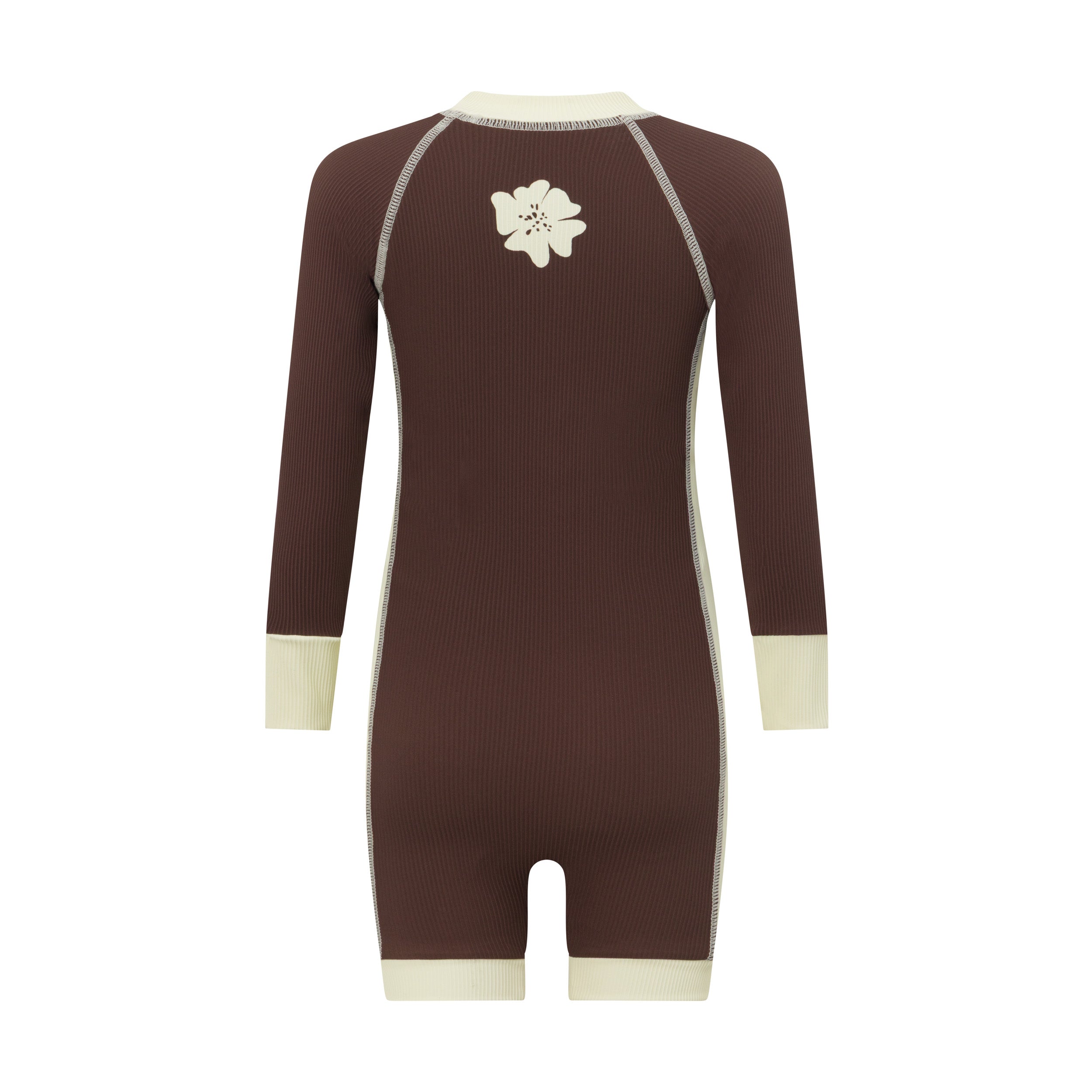 Back view of a chocolate brown kids surf suit showing the cream flower graphic between the shoulders and contrast cuffs
