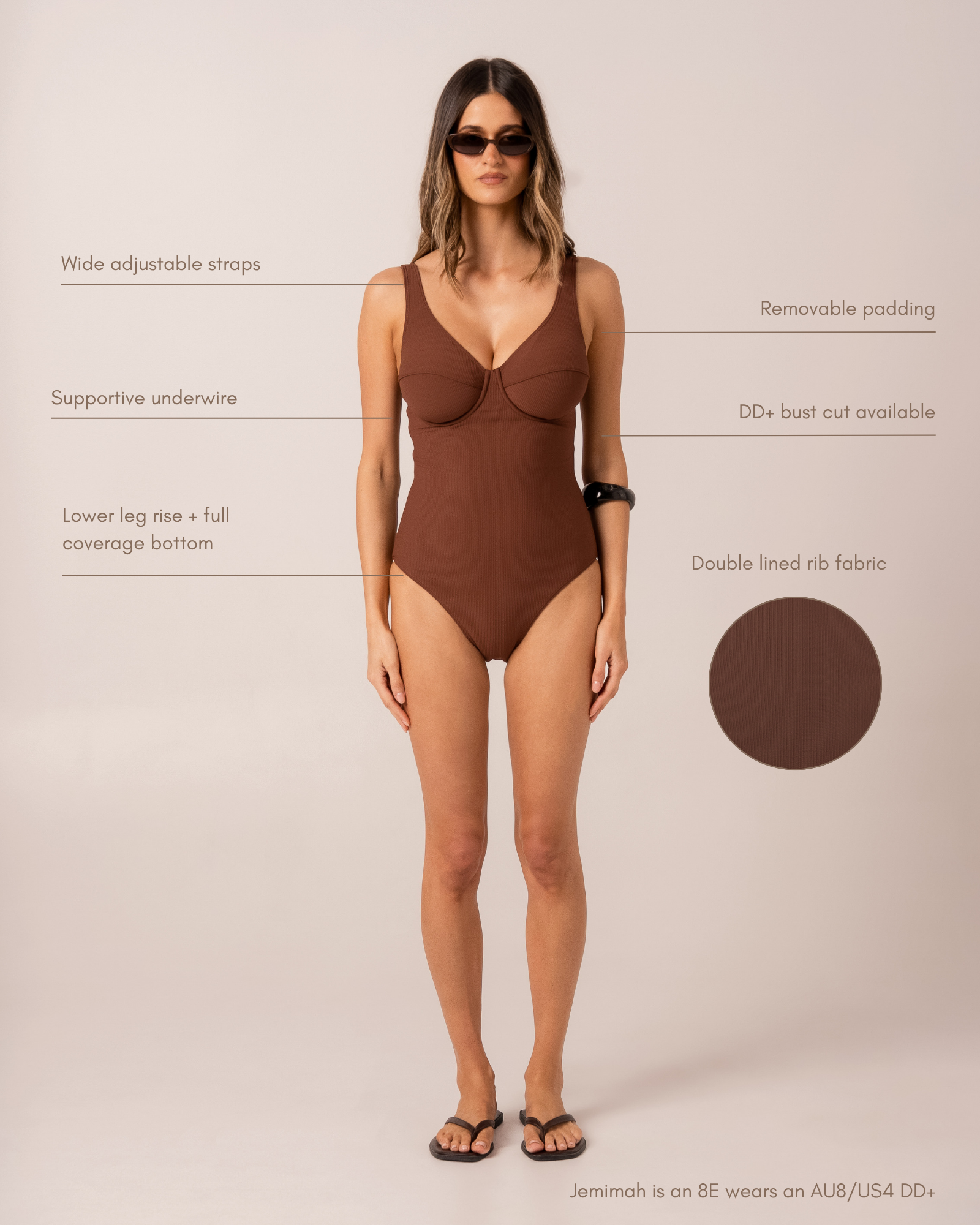 Fit and feature diagram of a chocolate ribbed underwire one-piece swimsuit showing wide adjustable straps, removable padding, supportive underwire, and DD+ bust support