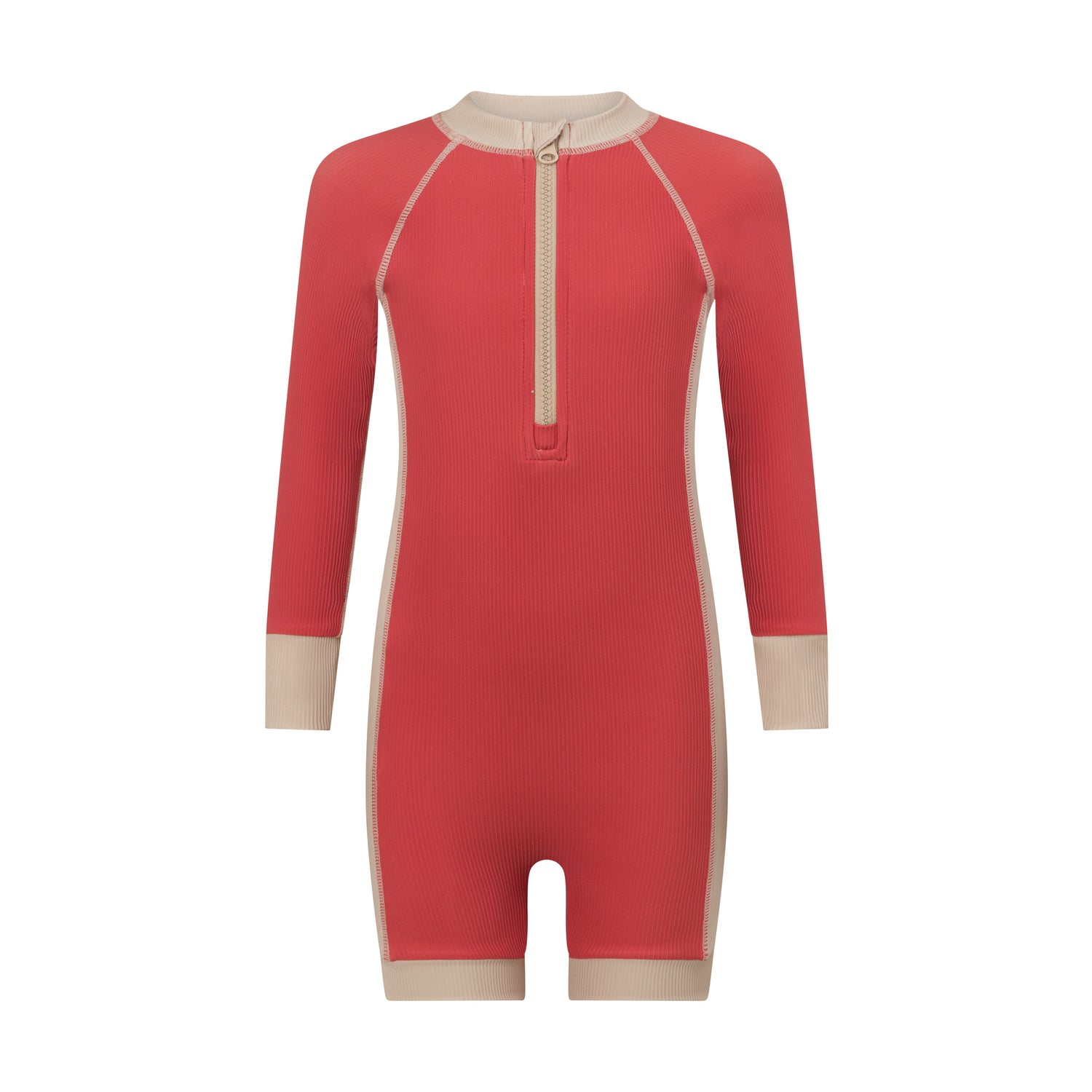 Front view of a coral melon kids long sleeve surf suit with a cream zip neck, contrast panels and ribbed sun-safe fabric