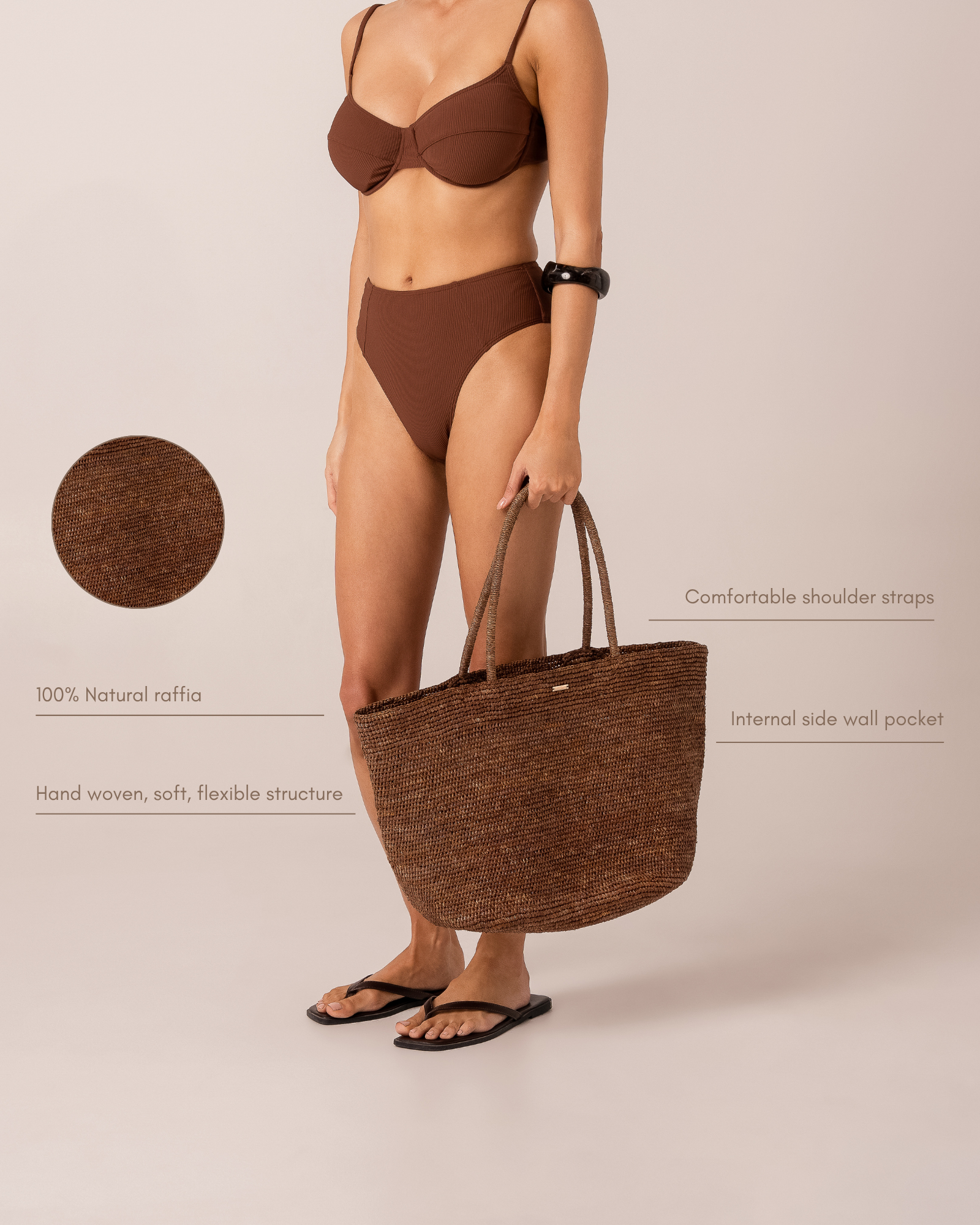 Infographic of a dark brown woven raffia maxi tote bag on a model, highlighting comfortable shoulder straps, an internal side wall pocket, and hand-woven 100% natural raffia construction