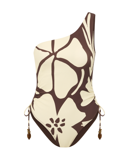 One shoulder floral print one piece swimsuit in chocolate and cream with ruched side ties and high-cut leg.