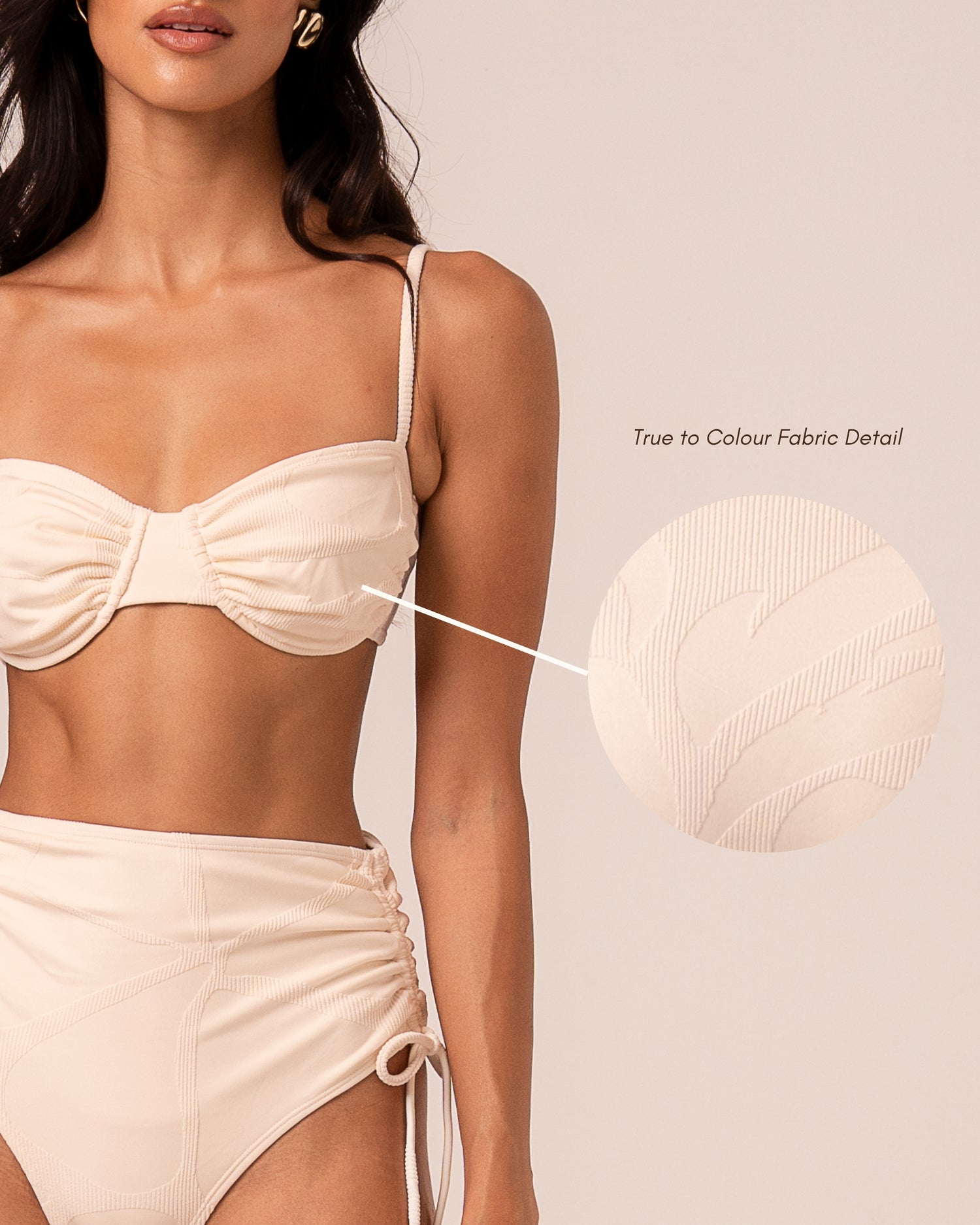 Close-up of the ivory jacquard rib fabric on the soft cup bralette showing the woven floral motif — true to colour fabric detail